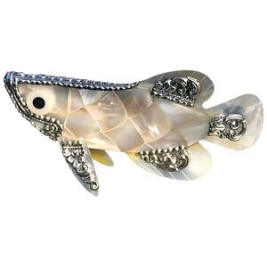 Sterling Silver Arowana Fish Mother of Pearl Onyx Decor Sculpture Statue RARE
